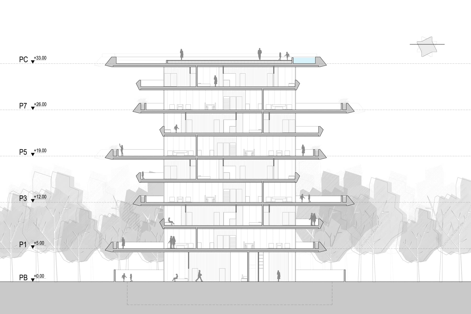 Conjunto de viviendas en una zona de bajo impacto residencial en el que se plantea un sistema lineal de siete torres.