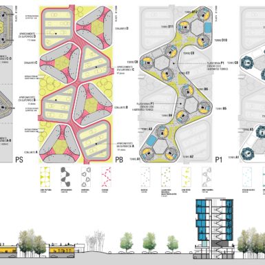 Spinner Tower Campus is the proposal for the university campus competition project located in Zaragoza, with 504 apartments grouped in 12 towers and in which common spaces are designed.